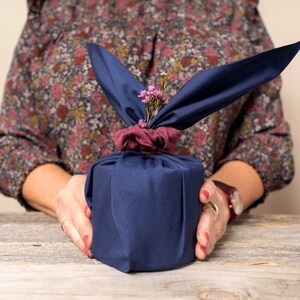 Reusable fabric gift wrapping navy furoshiki made in Canada with recycled textile image 7