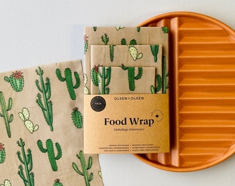 Pack of 3 beeswax wraps made in Canada with organic ingredients, cactus pattern