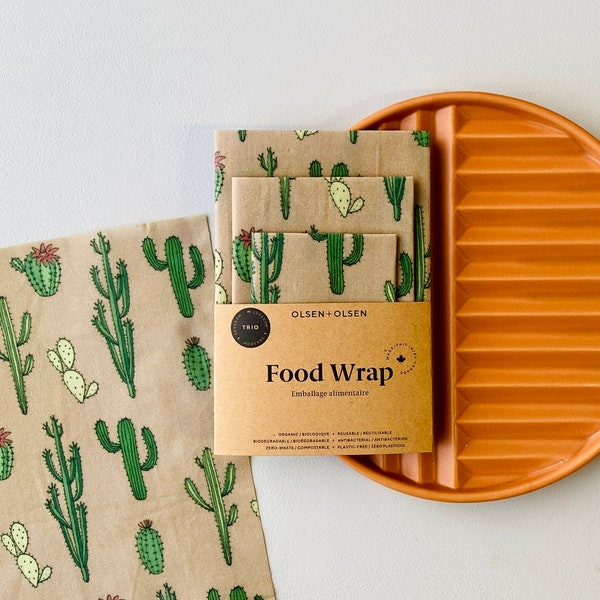 Pack of 3 beeswax wraps made in Canada with organic ingredients, cactus pattern