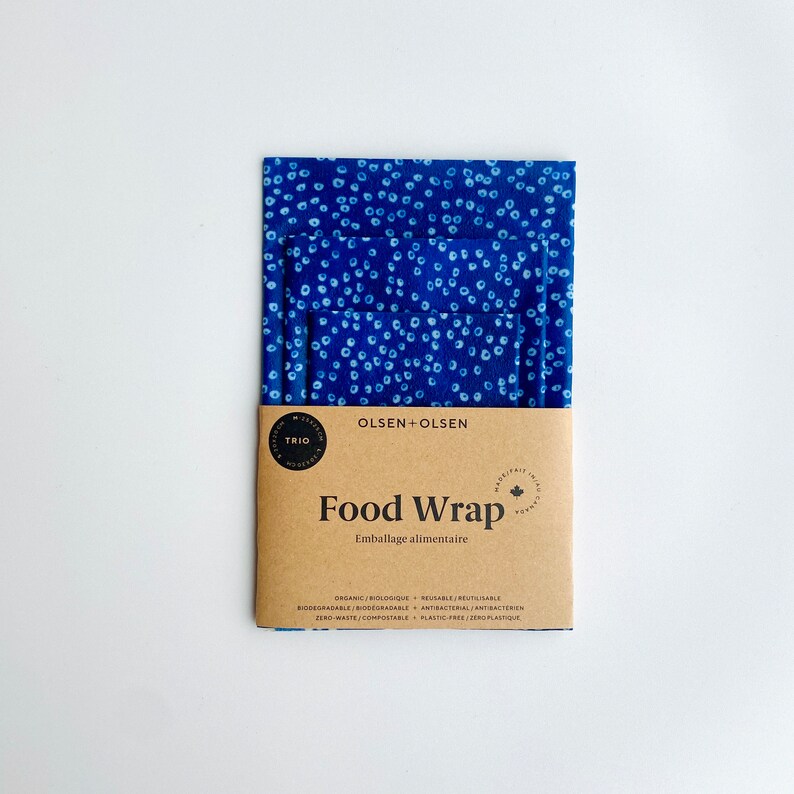Pack of 3 beeswax wraps made in Quebec with organic ingredients Dark blue