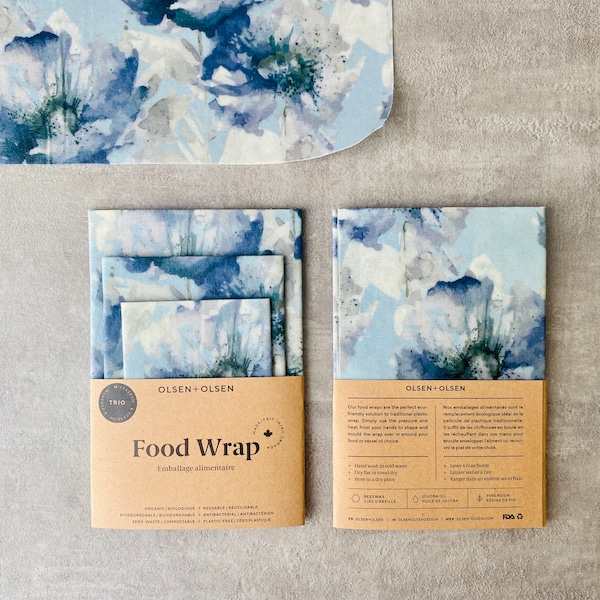 Pack of 3 beeswax food wrap blue floral pattern