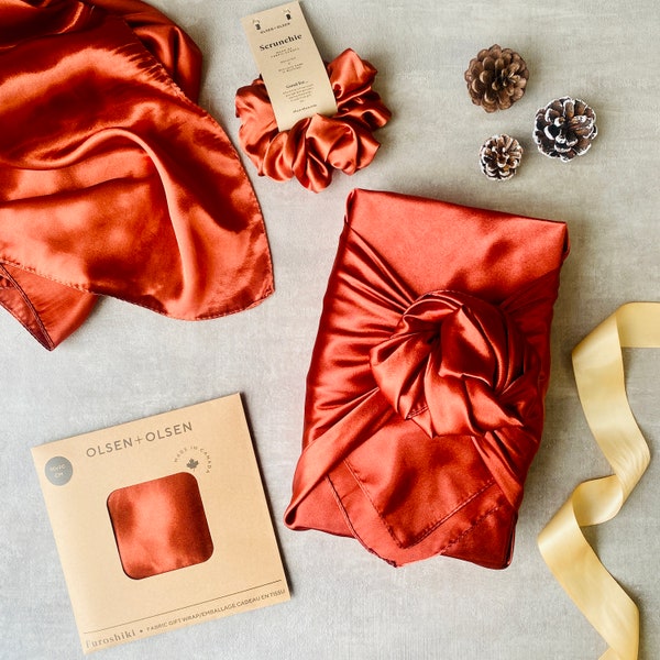 Reusable silky gift wrap zero-waste gift wrapping Copper color furoshiki with scrunchie bow