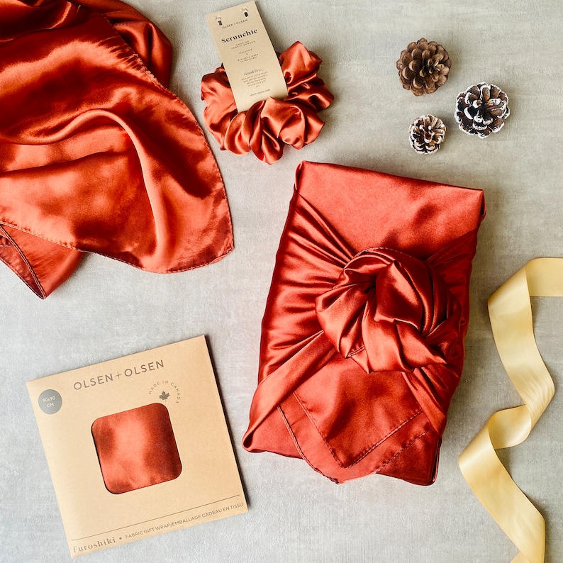 Reusable silky gift wrap zero-waste gift wrapping Copper color furoshiki with scrunchie bow image 1
