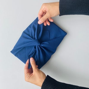 Reusable fabric gift wrapping navy furoshiki made in Canada with recycled textile image 6