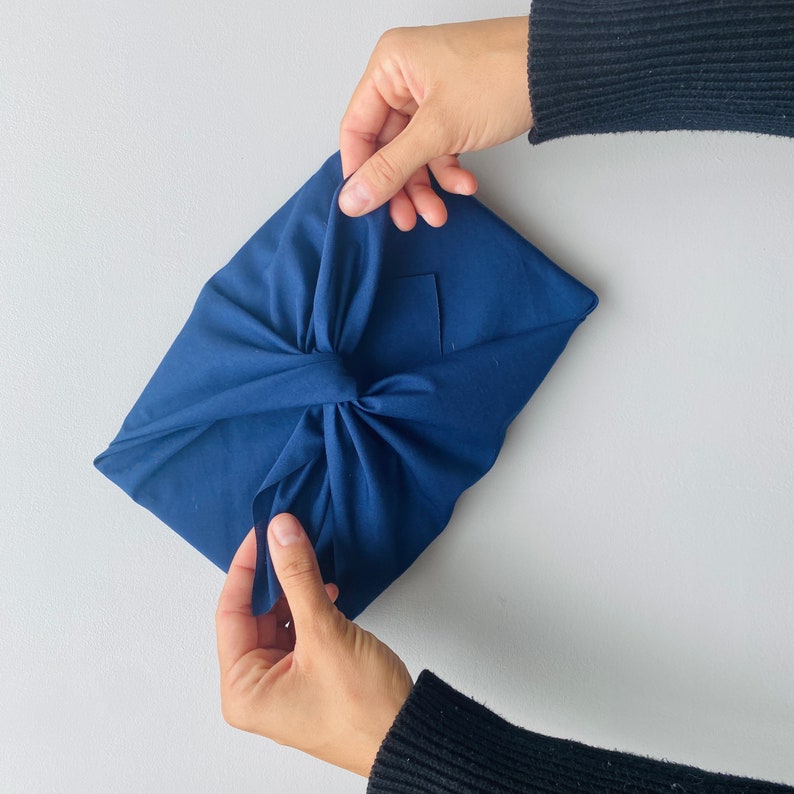 Reusable fabric gift wrapping navy furoshiki made in Canada with recycled textile image 6