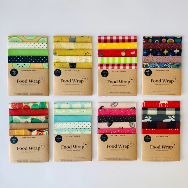 Paquet de 5 beeswax food wraps réutilisables, lavables, compostables fait au Québec avec ingrédients biologiques, cadeau zéro déchet