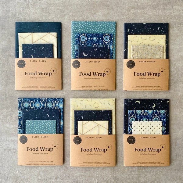 Pack of 3 beeswax food wrap handmade in Canada with organic ingredients, zero-waste gift