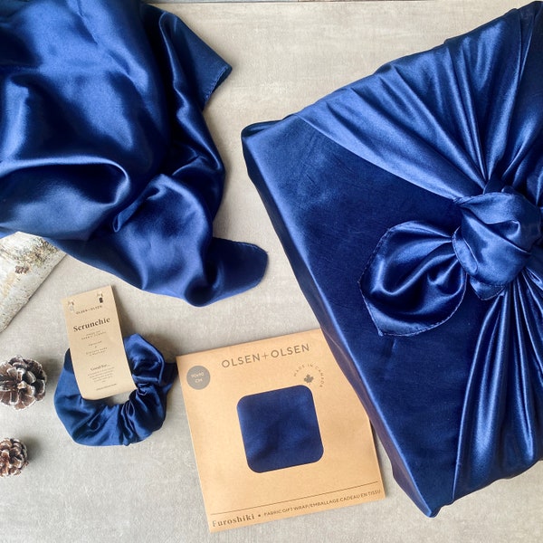 Reusable silky gift wrap zero-waste gift wrapping Sapphire colour furoshiki with scrunchie bow