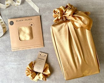 Reusable silky gift wrap zero-waste gift wrapping Gold color furoshiki with scrunchie bow