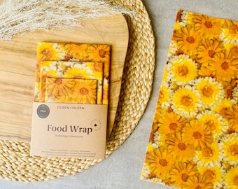 3 pack beeswax wraps Marigold flowers zero-waste, made in Canada with organic ingredients
