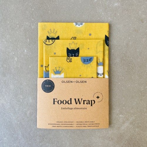 Cats Beeswax food wrap pack of 3 made in Canada with organic ingredients, washable, reusable, zero waste, hostess gift, cat lovers