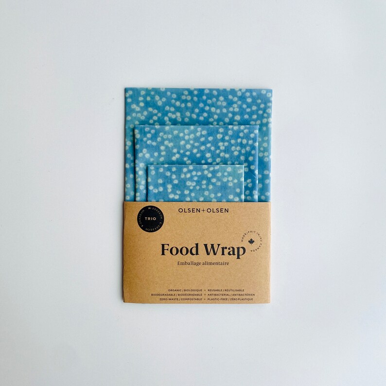 Pack of 3 beeswax wraps made in Quebec with organic ingredients Light blue