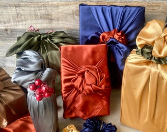 Silky furoshiki with scrunchie bow, reusable gift wrapping