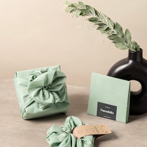 Reusable fabric gift wrapping Sage furoshiki made in Canada with recycled textile