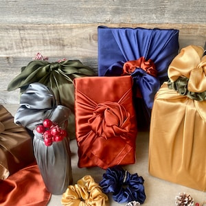 Reusable silky gift wrap zero-waste gift wrapping Copper color furoshiki with scrunchie bow image 10