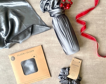 Reusable silky gift wrap zero-waste gift wrapping Silver colour furoshiki with scrunchie bow