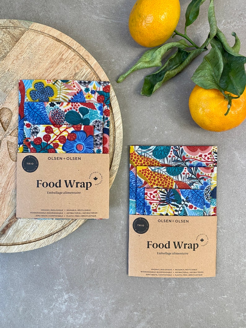 Beeswax food wraps pack of 3 sizes, made in Canada, organic ingredients, washable, reusable, biodegradable, zero-waste gift image 1