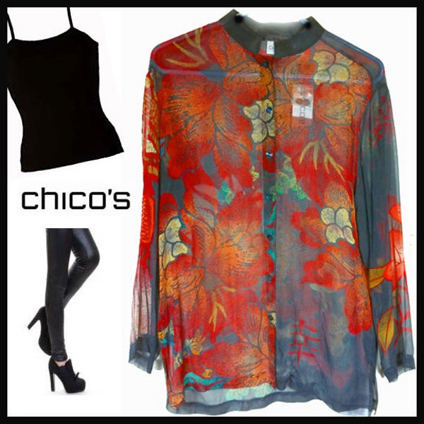 CHICOS Sheer Silk ULONG SHRT - Warm Floral Print - Chico's Size 0 = 6-8 * New with Tags
