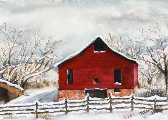 Watercolor Old Red Barn Painting Barn Art Workfarm Etsy