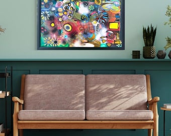 Gran pintura abstracta enmarcada de 40 x 27 pulgadas / Arte original moderno de técnica mixta / Arte mural floral celestial y melancólico