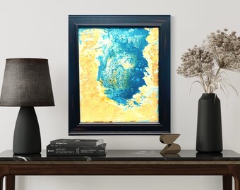 16X20 (21.5X25.5) Framed Original Acrylic Pour Painting in Rich Blue and Gold Hues "Ocean Size"