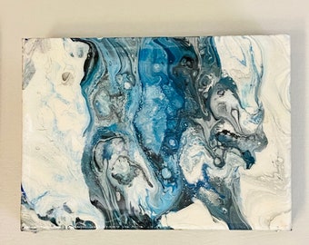 5x7 original acrylic pour in ocean blue and white