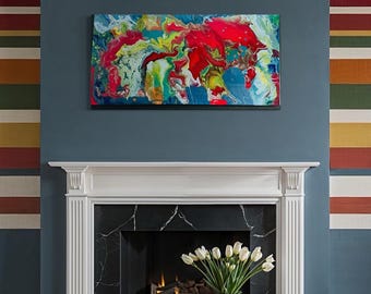 Pintura abstracta original de fluido vertido en colores brillantes, dramáticos y enérgicos, 61 x 122 cm