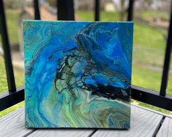 Original Acrylic Pours 12x12 in Vibrant Ocean Blues