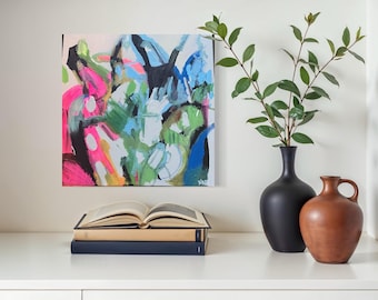 Pintura abstracta acrílica sobre lienzo - Obra original de 35x35 cm "Danza de colores" Sin marco Decoración para el hogar