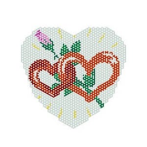 May include: A white heart-shaped background with two intertwined red hearts and a green stem with a pink flower.