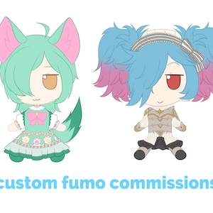 May include: Two custom-made plush toys, one green with pink ears and a floral dress, the other blue with pink hair and a white sweater, with the text "custom fumo commissions" below.