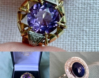 RESERVIERT FUR L-Kombination Angebot: 18 karat white gold diamond and sapphire cluster ring & 14K gold amethyst ring