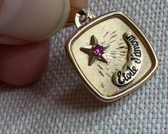 以下が含まれることがあります： 正方形のフレームが付いた金色のペンダント。内部には、赤い宝石が付いた星があり、「Etoile」という言葉が書かれた湾曲したバナーの上にあります。ペンダントは、太陽光線のあるテクスチャード加工の背景を持っています。