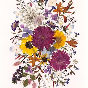 Pressed Flower Art | &#39;Garden Jewels II&#39; Bouquet | Dahlia Garden and Wildflower Print | Botanical Print