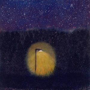 Wenskaart, afdruk van origineel schilderij "Een cirkel van licht in de nacht"