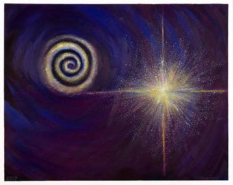 Archival Quality Print, Deep Space Galaxy and Brilliant Star Painting, &quot;You Are Here&quot;