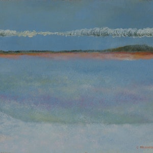 Wenskaart, afdruk van origineel schilderij "Plum Island #2", zacht blauw, Plum Island, Parker River National Wildlife Refuge, moeras, wolken