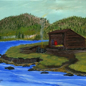 May include: A painting of a small wooden cabin on the edge of a lake. The cabin is brown with a red door and a small window. There is a fire burning in front of the cabin, and smoke is rising into the air. The lake is blue and there are trees in the background.