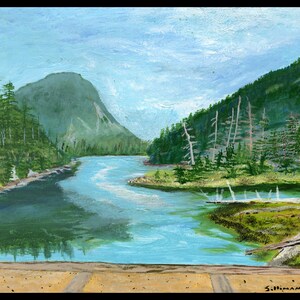 May include: An acrylic painting of a mountain lake scene. The water is a light blue, reflecting the sky. Green trees line the banks of the lake, and a mountain rises in the background. The painting is signed "Silliman" in the lower right corner.