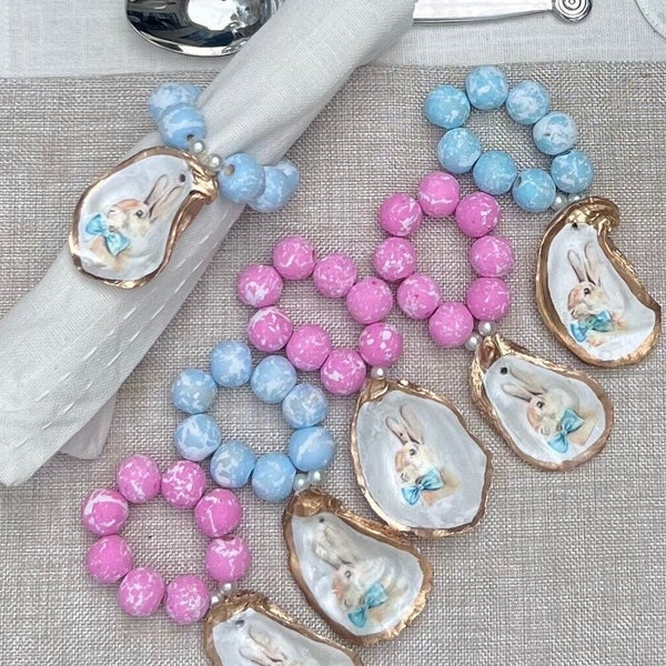 Easter Bunny Napkin Rings with Pastel Beads and Oyster Shell, Peter Rabbit Decor, Beaded Oyster Shell Napkin Holders, Spring Napkin Rings