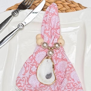 Coastal Wood Bead Napkin Rings with Marbled Pearl Accent & Gold Trim Oyster Shell, Beach Wedding Table Setting, Special Event Tablescape