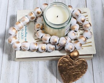 White Wood Bead Garland with Gold Heart: Farmhouse Decor
