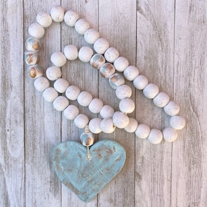White Wood Bead Garland: Distressed Turquoise Heart, Gold Accents
