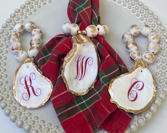 Oyster Shell Napkin Ring with Red Monogram Letter & Gold Trim, Custom Monogram Coastal Napkin Rings, Hand Painted Beaded Napkin Rings