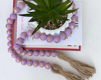 Long Purple Beaded Garland with Gold Accents & Jute Tassels, Boho Home Decor, Shelf Styling, Decorative Beads, Table Accent