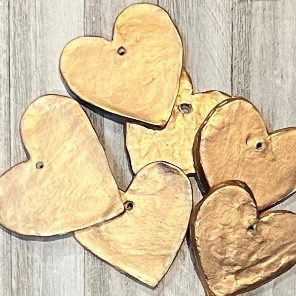 Gold Hearts for Craft Projects, Gold Clay Heart with Hole for DIY Projects, Handmade Heart Charm for Ornament or Garland