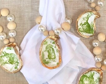 Easter Bunny Oyster Shell Napkin Rings: Green Toile & Pearl Beads