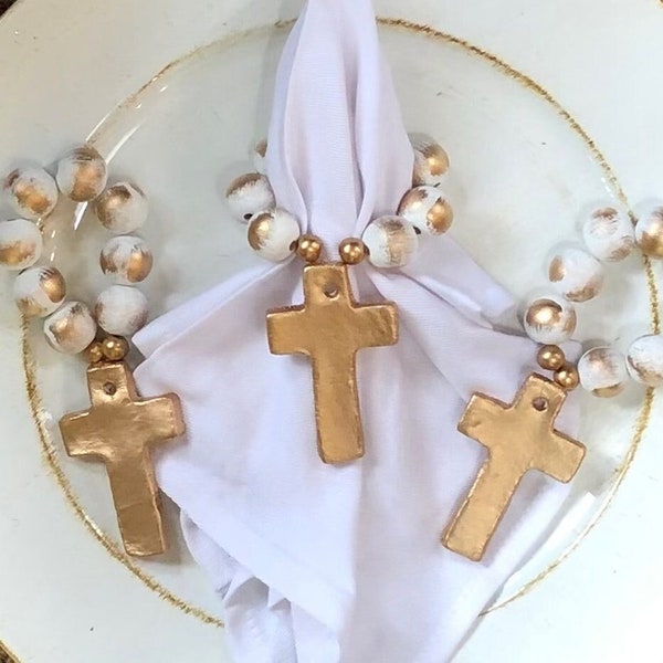 Napkin Rings with Gold Cross, Easter Napkin Holders, Table Decor for Religious Event,