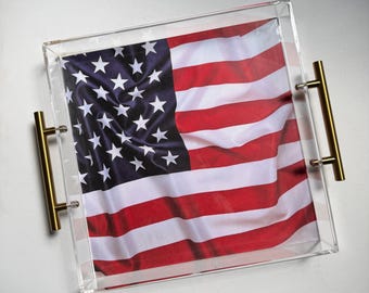 12x12 Patriotic Acrylic Tray with Gold Handles, 4th of July Serving Tray, Americana Decor, Red White Blue Party Tray, 4th July Hostess Gift
