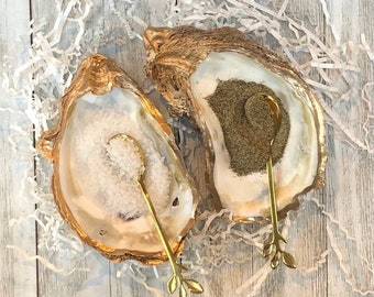 Oyster Shell Salt and Pepper Dishes with Gold Spoons, Salt and Pepper Gift Set with Spoons